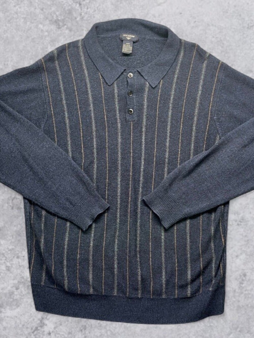 Dockers Men’s M Striped Knit Polo Sweater 100% Acrylic Navy Blue Long Sleeve